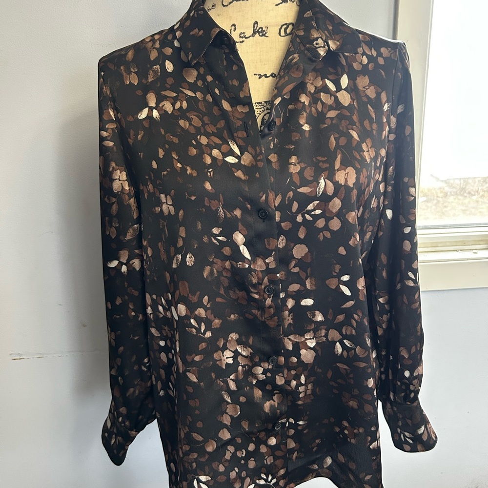 Halogen Black and Brown Button Down‎ Blouse with Notched Collar